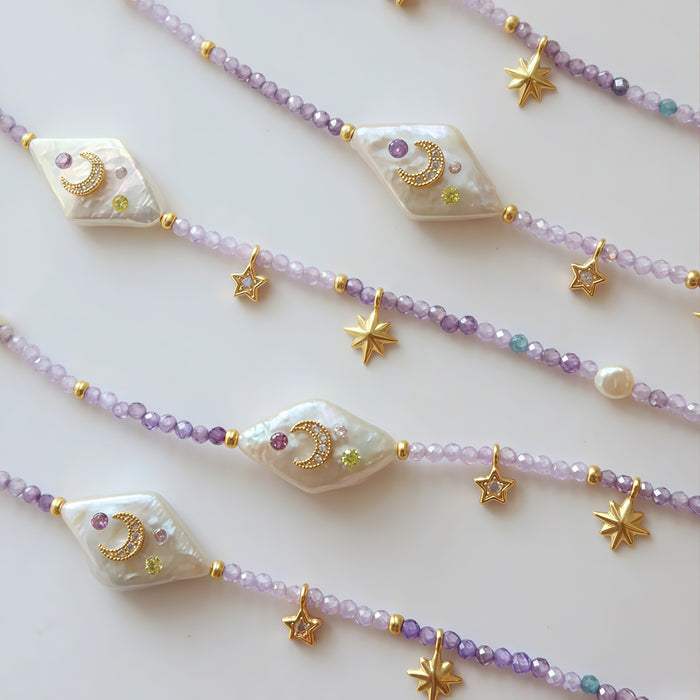 Wholesale Moon and Star Purple Beaded Pearl Necklace