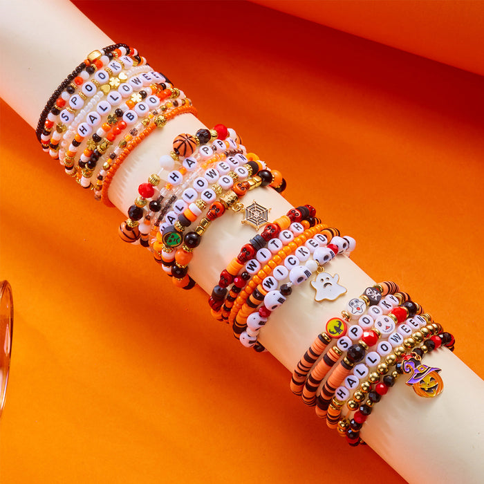 Wholesale All-match mixed color rice bead hand-dressed  pumpkin ghost bat soft ceramic crystal bracelet stacking set