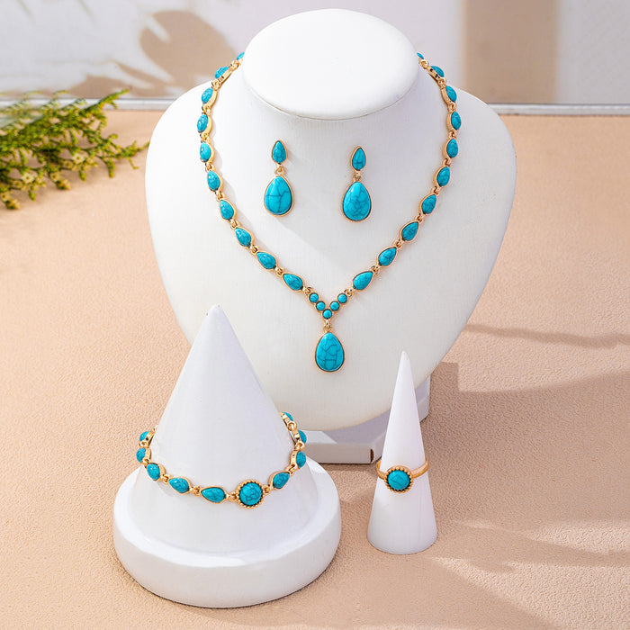 Wholesale Retro French Teardrop Imitation Turquoise Jewelry Set For Women Earrings Necklace Bracelet Party Wear Gift Trendy Accessory