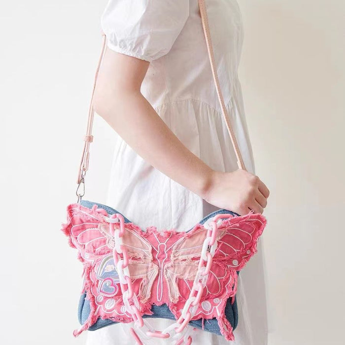 Wholesale Red Butterfly Acrylic Chain Denim Crossbody Bag JDC-SD-HuiHua002