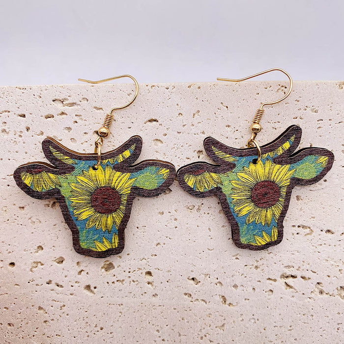 Wholesale Western Bull Head Sunflower Wooden Earrings JDC-ES-Chengy033