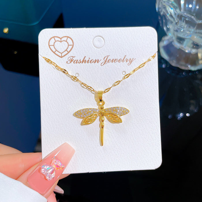 Wholesale Titanium Steel Hollow Dragonfly Inlaid Real Gold Necklace JDC-NE-LG048