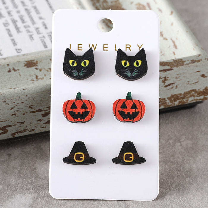 Wholesale  Bat Pumpkin Black Cat Skull Ghost Earring Set Wooden Party Earring Gift