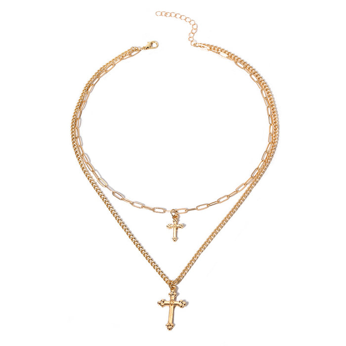 Wholesale Exaggerated jewelry, niche alloy chain pendant, simple cross, multi-layer necklace, women's collarbone chain wholesale