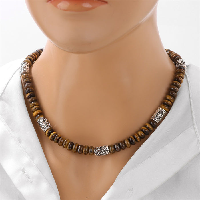 Wholesale 5* 8mm stone abacus bead necklace with Norwegian runes lapis lazuli and tiger' s eye a clavicle chain