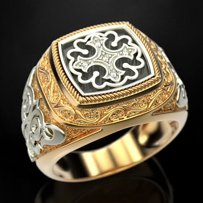 Wholesale New retro carved pattern cross two-color ring