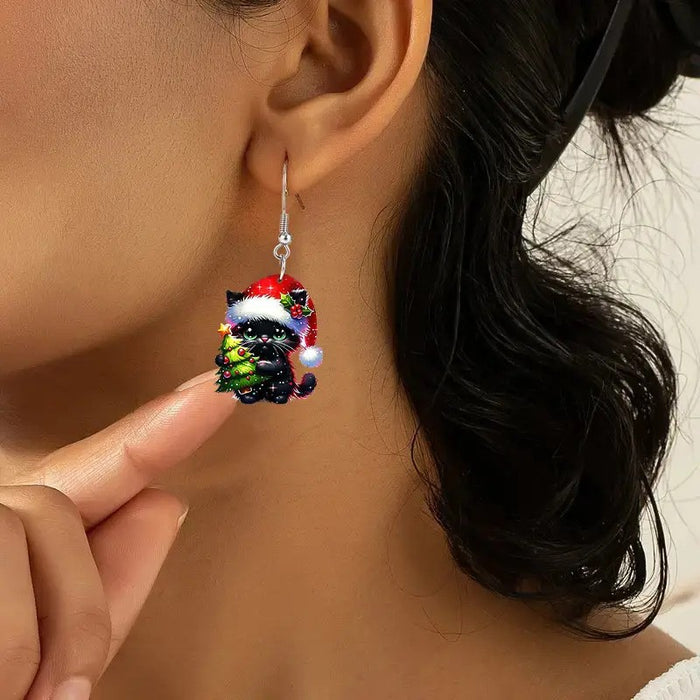 Wholesale Christmas Cat Acrylic 2D Earrings Party Fashion Accessory Gift MOQ≥2