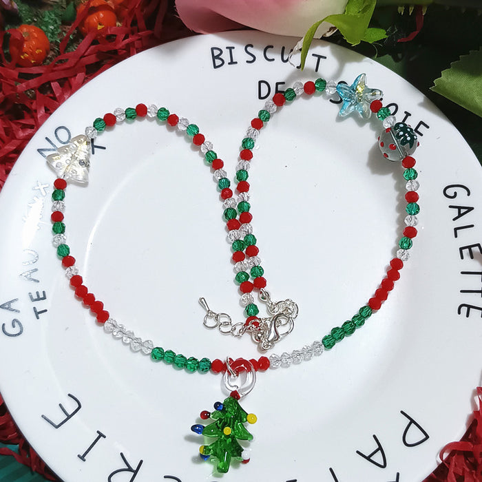 Wholesale Christmas Series Holiday Dress Up Pink Pig Cat bling Crystal Beaded Christmas Tree Short Necklace Chain Jewelry