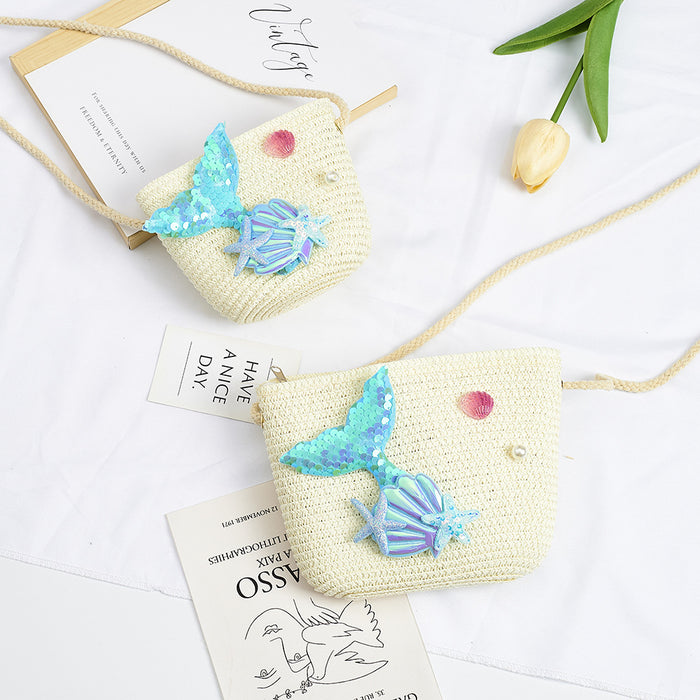 Wholesale Straw Mermaid Crossbody Bag for Girls Cute Summer Beach Purse Resale Gift