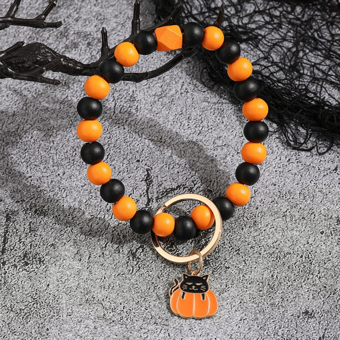 Wholesale Halloween Day Bracelet Halloween Pumpkin Wooden Beaded Keychain JDC-KC-RongRui030