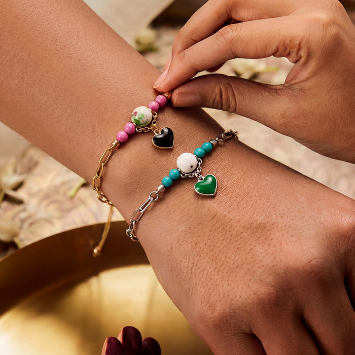 Wholesale Heart-shaped beaded stainless steel gold chain bracelet