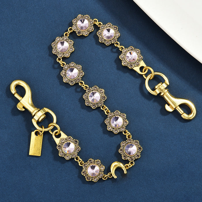 Wholesale Gold Plated Metal Flower Chain Bag Charm Retro Rhinestone Pendant For Handbags Trendy Gift