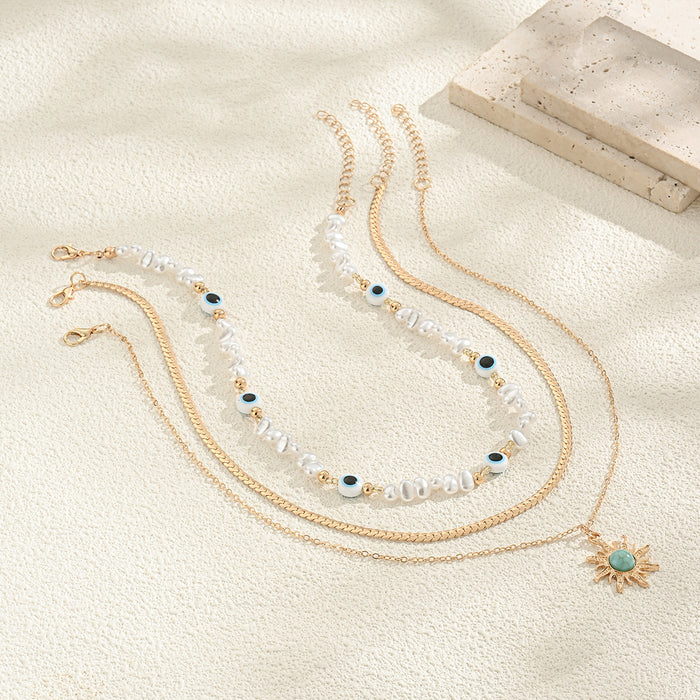 Wholesale Trendy retro octagonal star pendant necklace, layered with a high-end feel, Devil's Eye imitation pearl jewelry