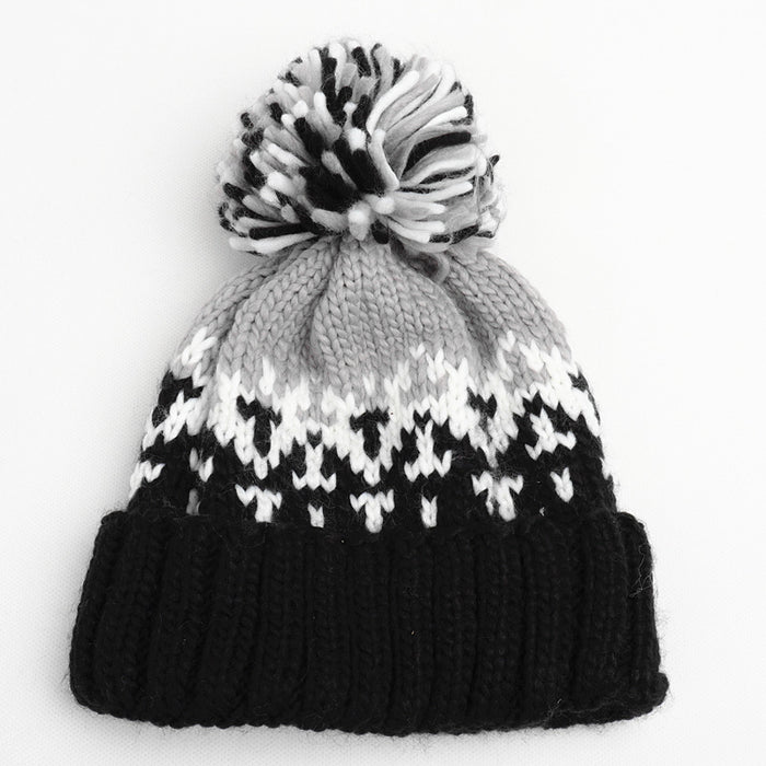 Wholesale Color blocked Geometric Diamond Jacquard Beanie with Colorful Turn-up Thickened Warm Knitted Hat