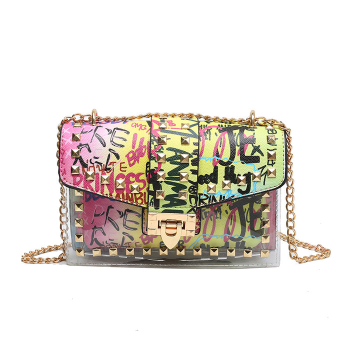 Wholesale PU Funny Graffiti Letters Snake Pattern Rivets Shoulder Chain Crossbody Contrast Color Bag JDC-SD-Lenao005