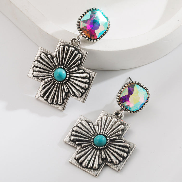 Wholesale Diamond-encrusted Turquoise Water Drop Cross Earrings Retro Creative Distinctive Exaggerated Earrings for Women
