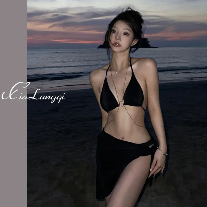 Wholesale Swimsuit, bikini, three piece set, split back swimsuit, soaking in hot springs, beach vacation, hanging neck, sexy