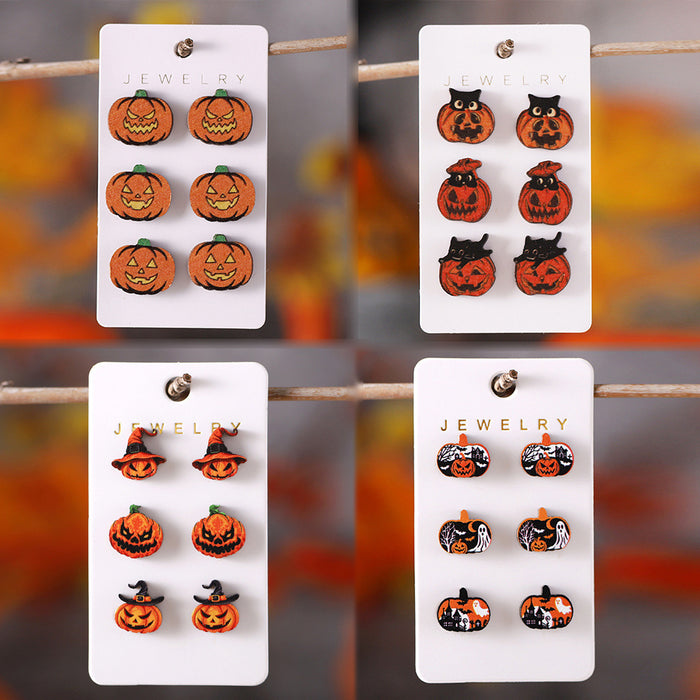 Wholesale  Ghost Witch Hat Black Cat Ghost Face Pumpkin Earrings Set Wooden Party Earrings Gift