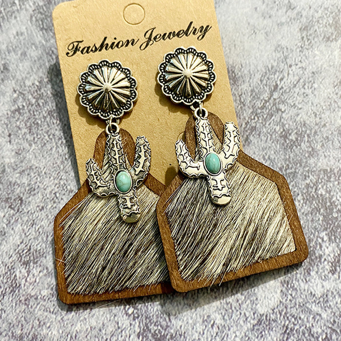 Wholesale Western earrings bohemian genuine leather cowhide horsehair Cow brand