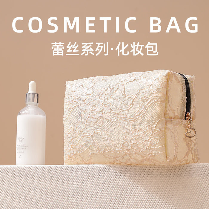 Wholesale Lace Mesh Makeup Bag Large Travel Cosmetic Organizer Stylish Beige