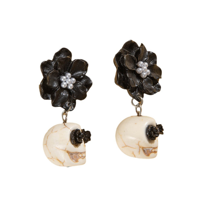 Wholesale Dark Skull Black Camellia Earrings  Funny Fun Earrings