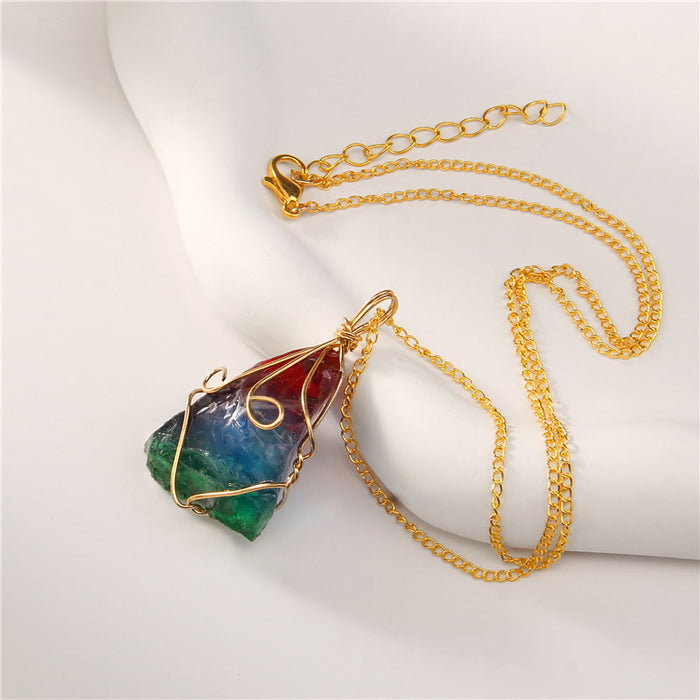 Wholesale Handmade wire wrapped raw gemstone pendant irregular lucky stone clavicle necklace