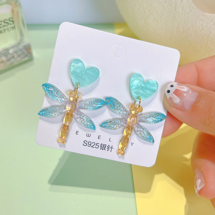 Wholesale Dragonfly Heart Acrylic   Silver Needle Earrings JDC-ES-PinHeng003