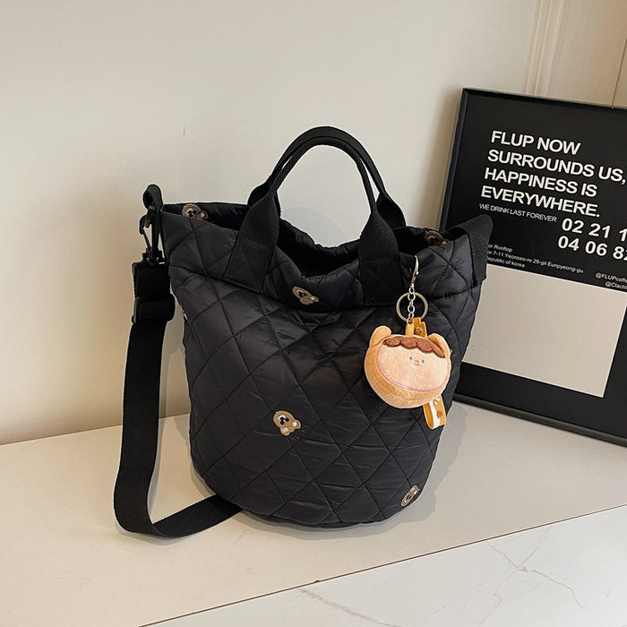 Wholesale Cute Bear Embroidered Large Capacity Portable Bucket Bag Autumn and Winter Rhombic Plaid Cotton-padded Suit Shoulder Bag Trendy Crossbody Bag