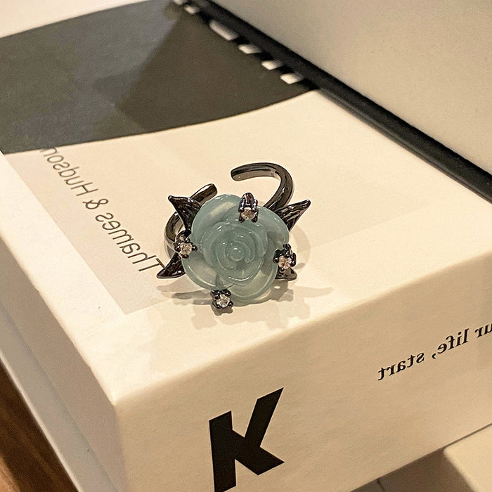 Wholesale Minimalist ice transparent blue rose ring with niche design, prickly butterfly, light luxury and personalized opening