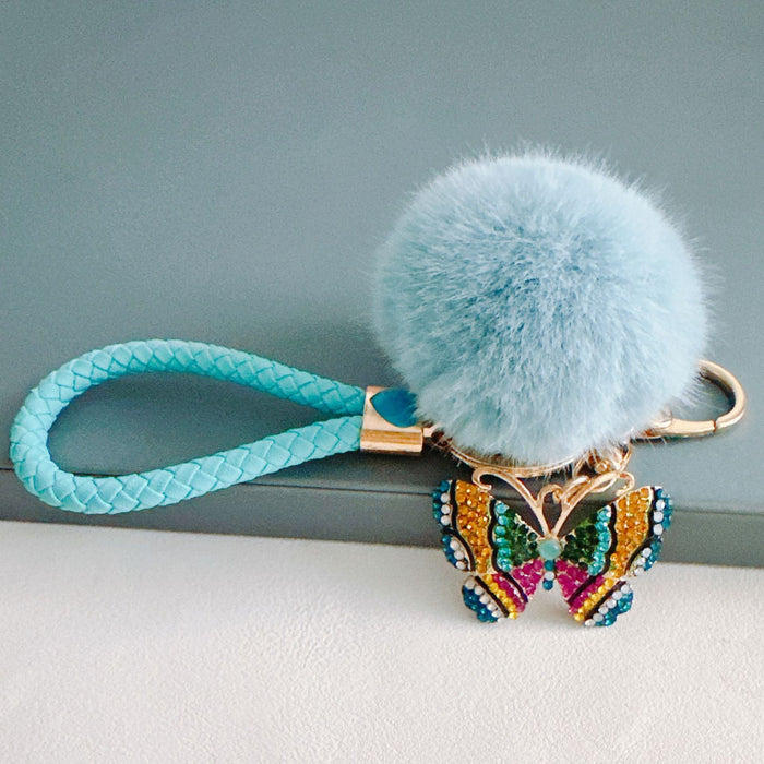 Wholesale Rhinestone Colorful Butterfly Fur Ball Metal Keychain JDC-KC-ZhanLun006