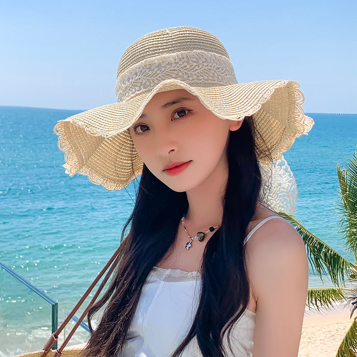 Wholesale Lace bow big brim straw hat breathable sun shading hat fisherman hat