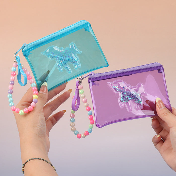 Wholesale Waterproof Unicorn PVC Transparent Card Bag With Quicksand Design Pink Bead Chain Coin Purse