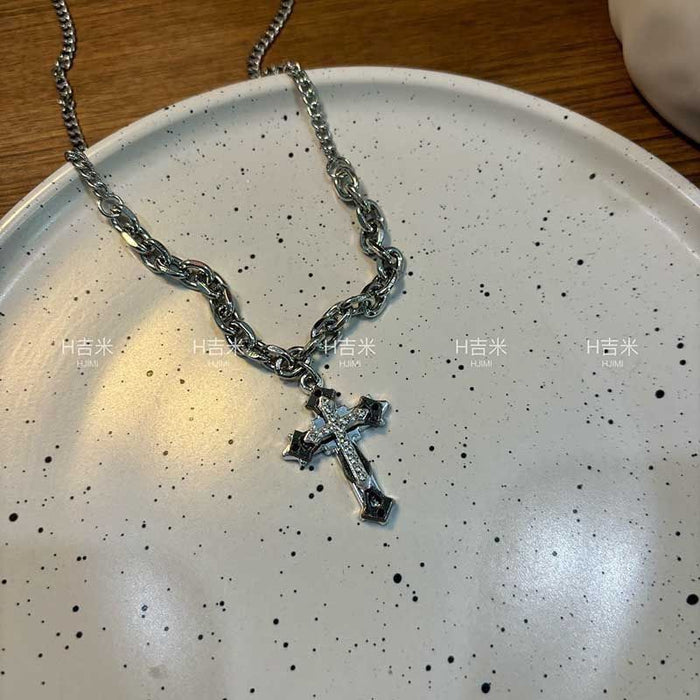 Wholesale Black necklace with butterfly and cross design,  hip-hop style.