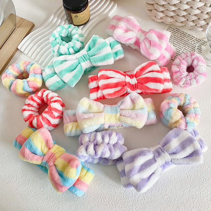 Wholesale Leopard Print Bow Striped Headband Wrist Strap Set Face Wash Mask Headband Flannel Hair Accessories