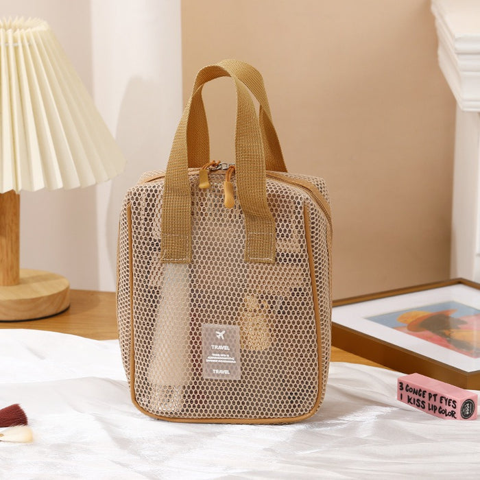 Wholesale Modern Multifunctional Mesh Cosmetic Bag 3 Piece Set Large Capacity Portable Foldable Travel Toiletry Organizer Handbag Pink