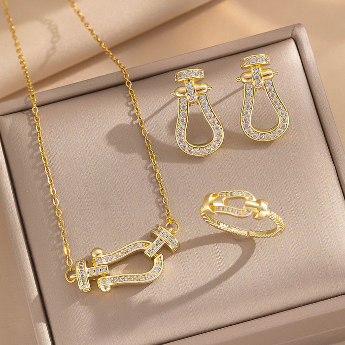 Wholesale Trendy Horseshoe Zircon Necklace Set Copper Inlay Titanium Steel Chain Jewelry MOQ≥2