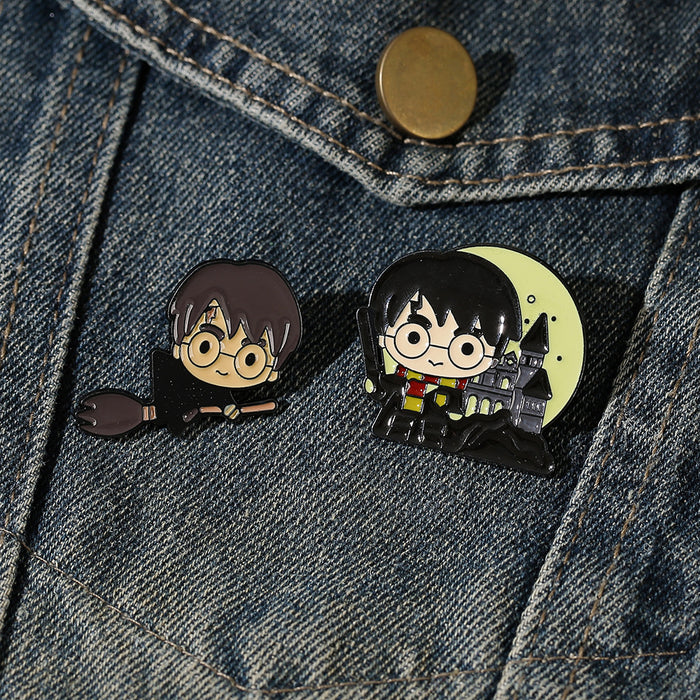 Wholesale Trendy Cute Cartoon Magic Character Riding Broom Metal Brooch Pin Stylish Jewelry Accessory