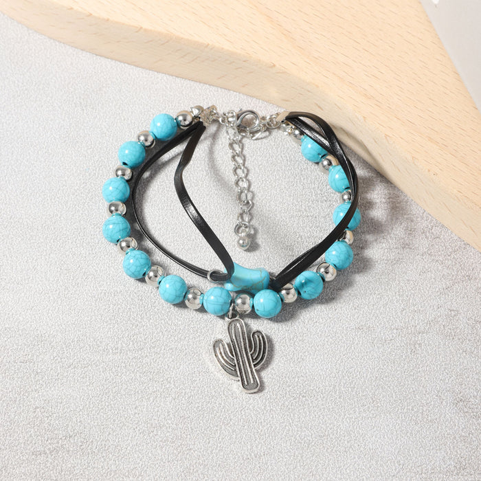 Wholesale Turquoise Beaded Alloy Pendant Multi-layer Necklace Bracelet suit