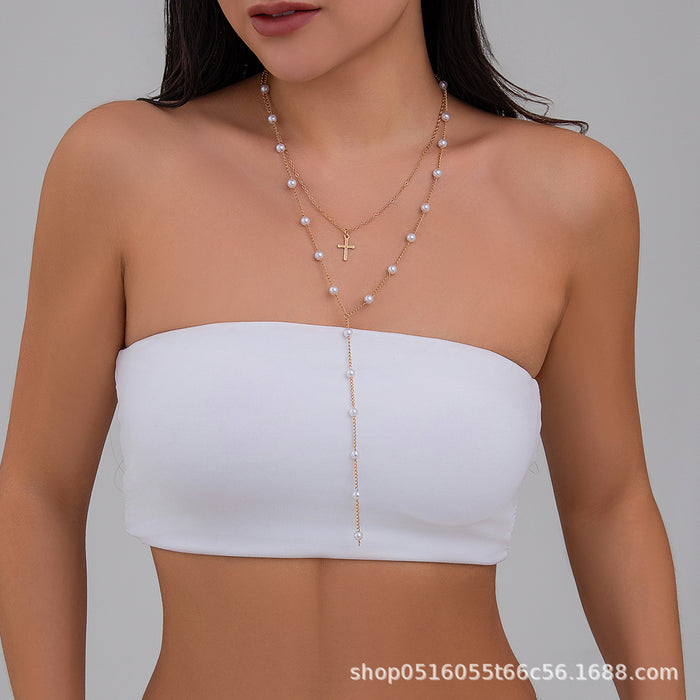 Wholesale Temperament imitation pearl chain long tassel necklace simple cross pendant collarbone chain