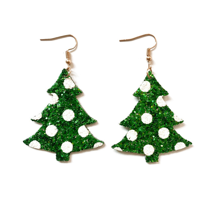 Wholesale Christmas leather earrings flash wave point double-sided Christmas tree shape earrings