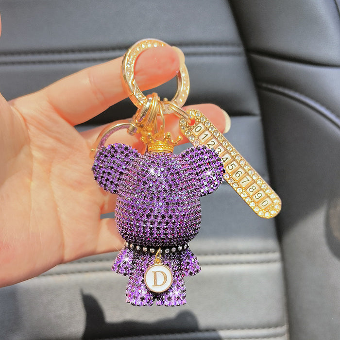 Wholesale Car Keychain Full Diamond Cartoon Big Head Bear Key Chain Letter Cartoon Exquisite Girl Key Pendant Gift