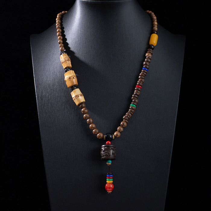 Wholesale Retro ethnic style long wooden sweater chain Bodhi pendant wooden bead necklace Tibetan cotton and linen pendant Buddhist beads necklace