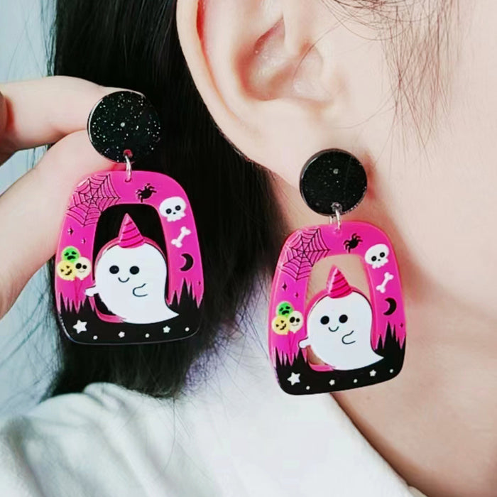 Wholesale Halloween 2023 New Square Round Hollow Earrings Acrylic Cartoon Ghost Pumpkin Cat Earrings JDC-ES-DuAi012