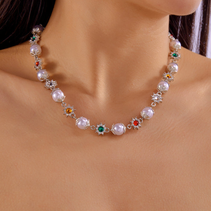 Wholesale niche diamond pearl ing necklace female design sense pearl colored diamond flower necklace