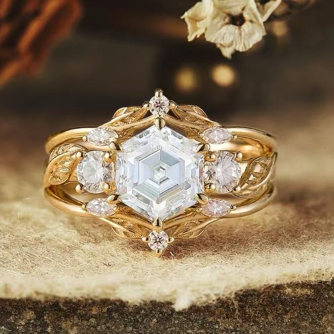 Wholesale Brushed open cross ring with gold plating and hexagonal white diamond inlay ring