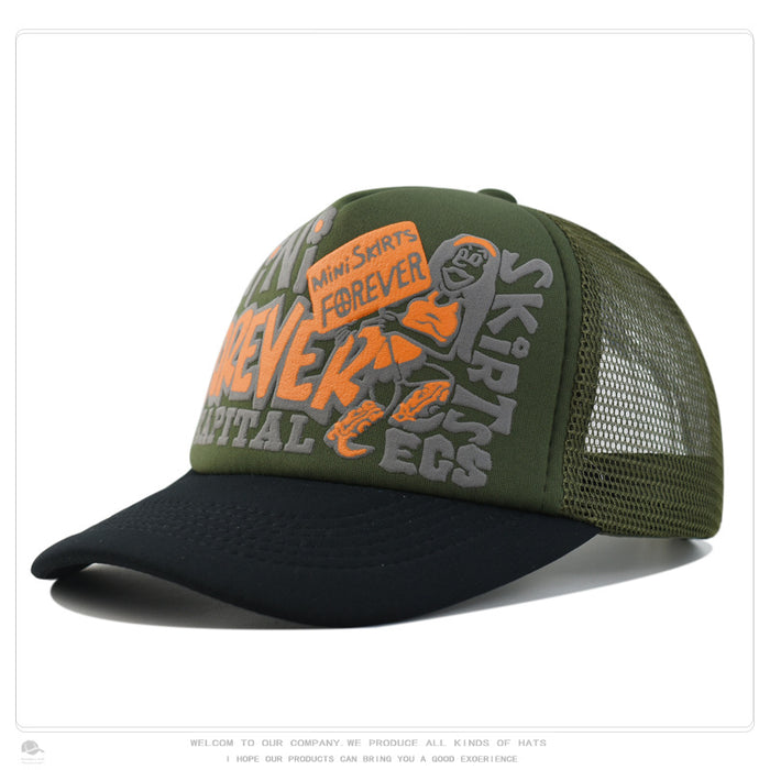 Wholesale Hip-hop printed letter baseball cap visor color-blocked street mesh trucker hat