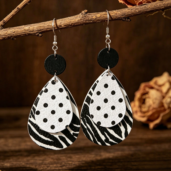 Wholesale Retro Zebra Drop Earrings Double Layer Leather Jewelry Accessory