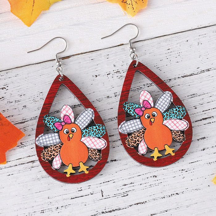 Wholesale Harvest Thanksgiving Cute Turkey Water Drop Hollow Pendant Earrings Wooden Double-Sided Earrings