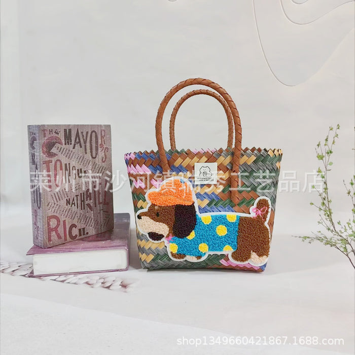 Wholesale Woven Basket Bag Shoulder Hand Bag Cute Rattan Cloth Cartoon Woven Bag