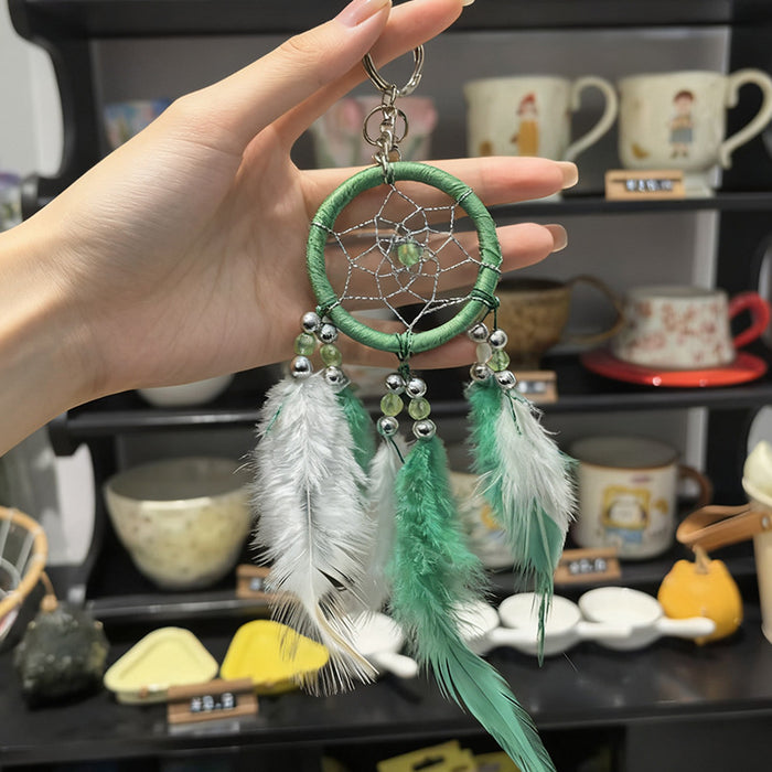 Wholesale Handmade Red Feather Dreamcatcher Keychain Nordic Style Couple Gift